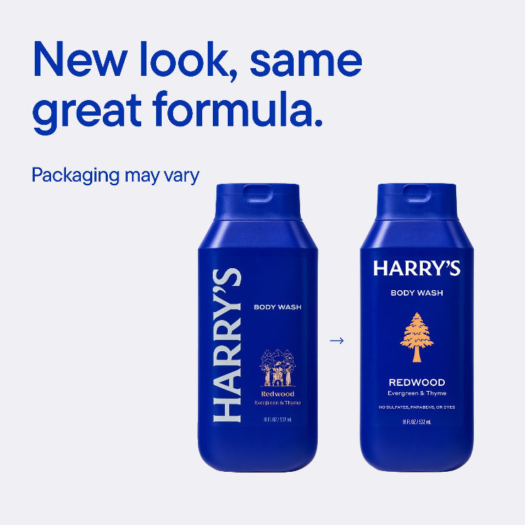 Two blue bottles of Harry's body wash with text indicating a new look and same great formula.
