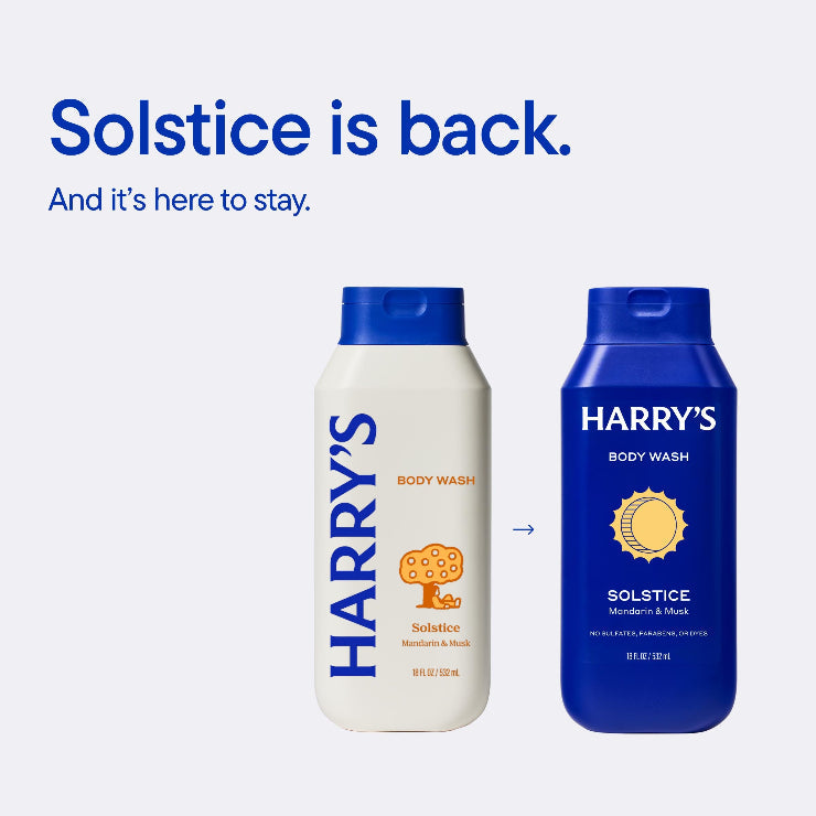 Two bottles of Harry's body wash, one white and one blue, on a light gray background with 'Solstice' branding.