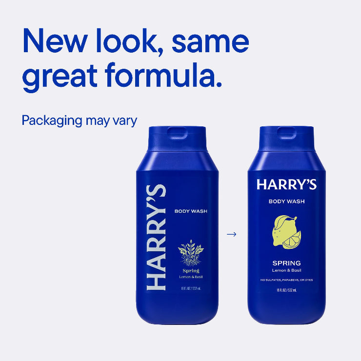Two bottles of Harry's body wash with a blue background and text about new packaging.