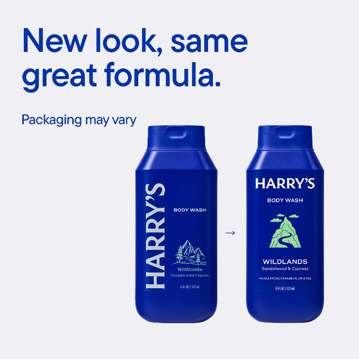 Two bottles of Harry's Wildlands body wash on a white background with text about new packaging.