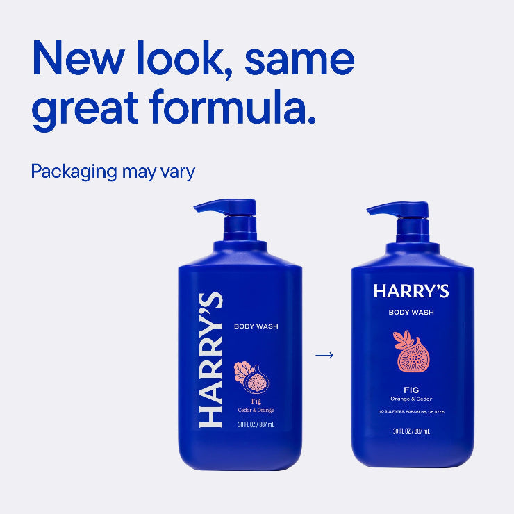 Two bottles of Harry's body wash with a blue background and text about new packaging.