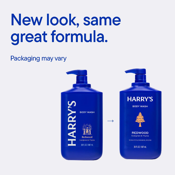 Two bottles of Harry's body wash with a blue background and text about new packaging.