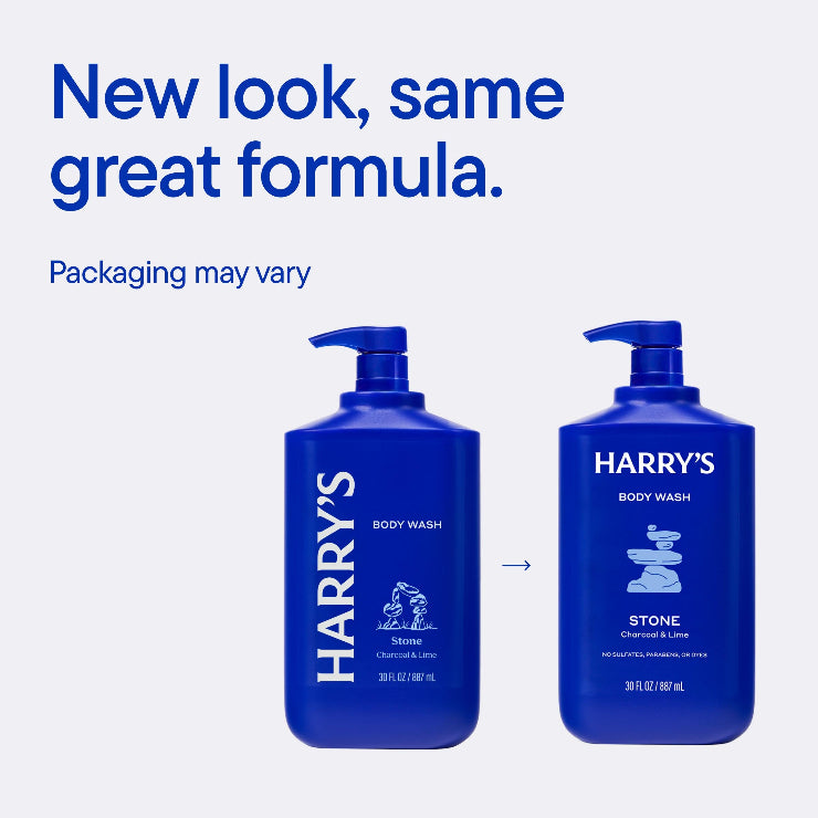 Two bottles of Harry's body wash with text 'New look, same great formula.' on a white background.