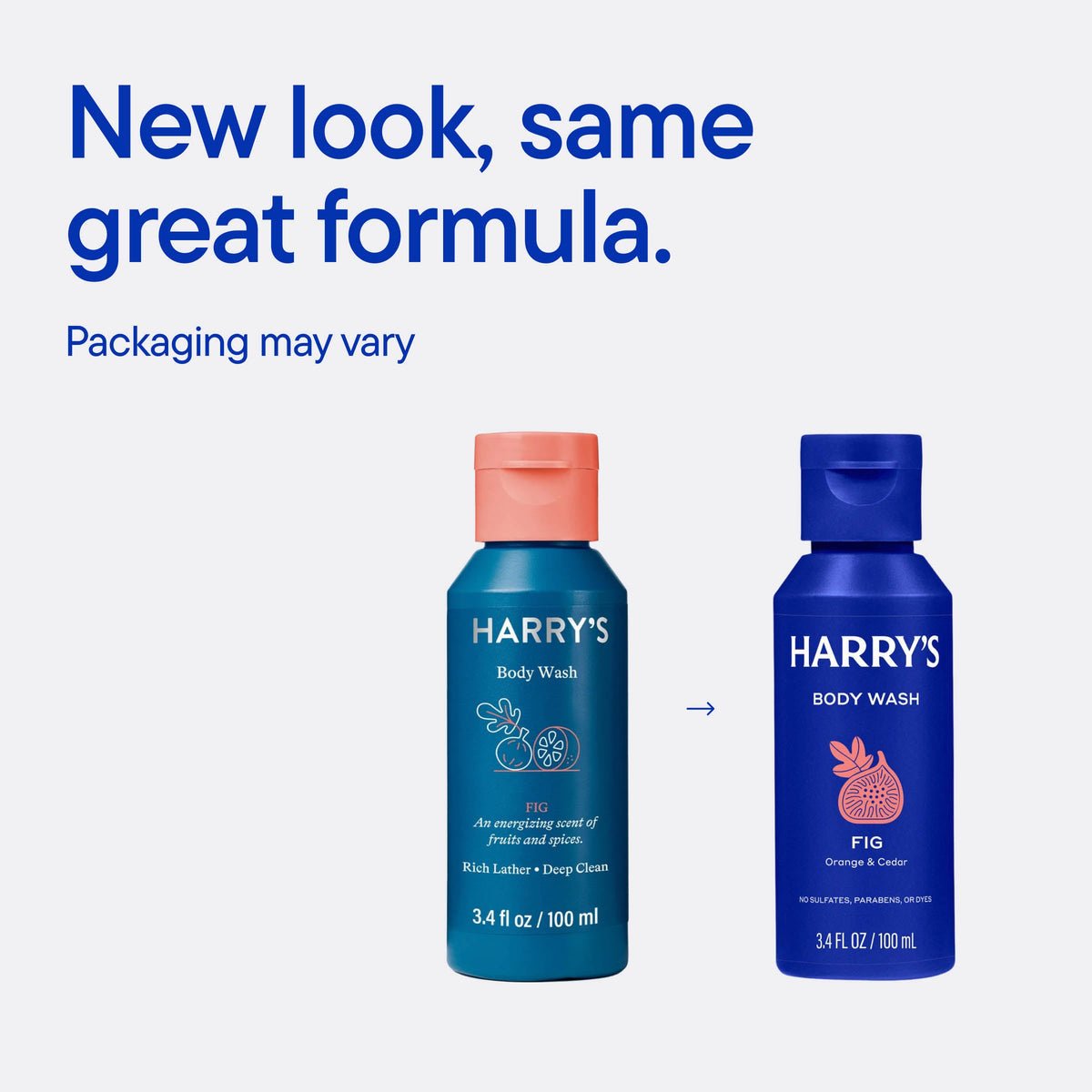 Two bottles of Harry's body wash with text 'New look, same great formula.' on a blue background.
