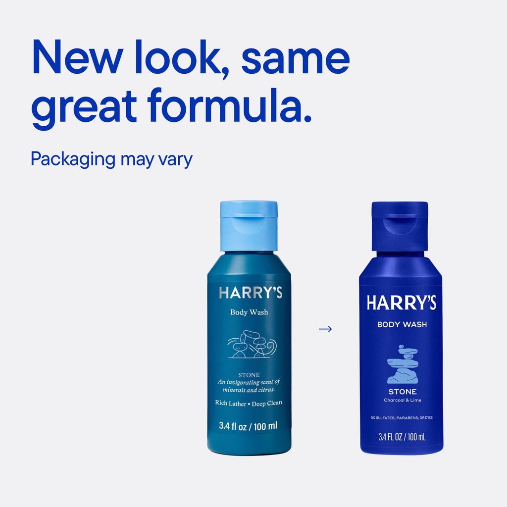 Two bottles of Harry's Body Wash with a blue background and text about new packaging.