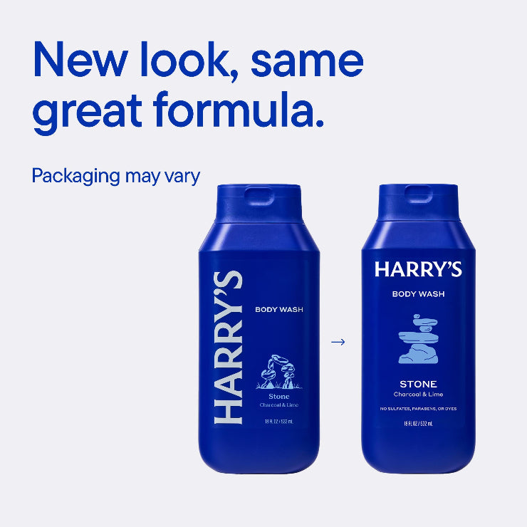 Two bottles of Harry's body wash with a blue background and text about new packaging.