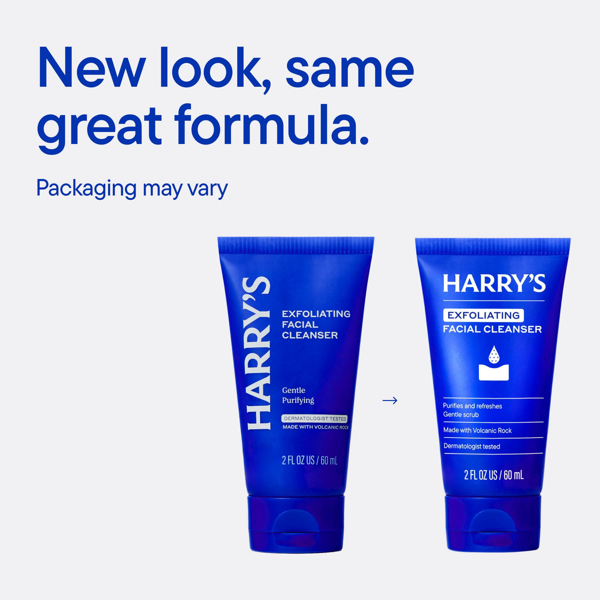 Two blue tubes of Harry's Exfoliating Facial Cleanser on a white background with text about new packaging.