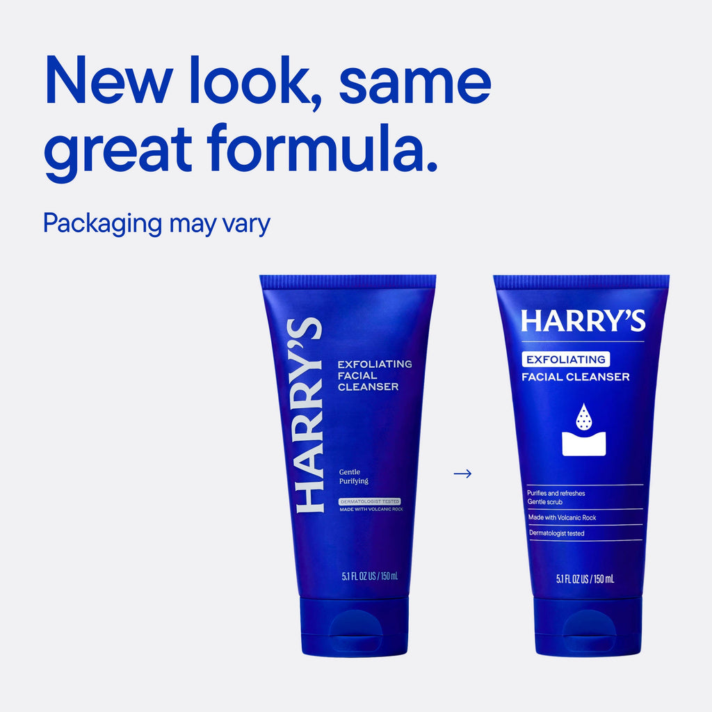 Two blue tubes of Harry's Exfoliating Facial Cleanser on a white background with text about new packaging.