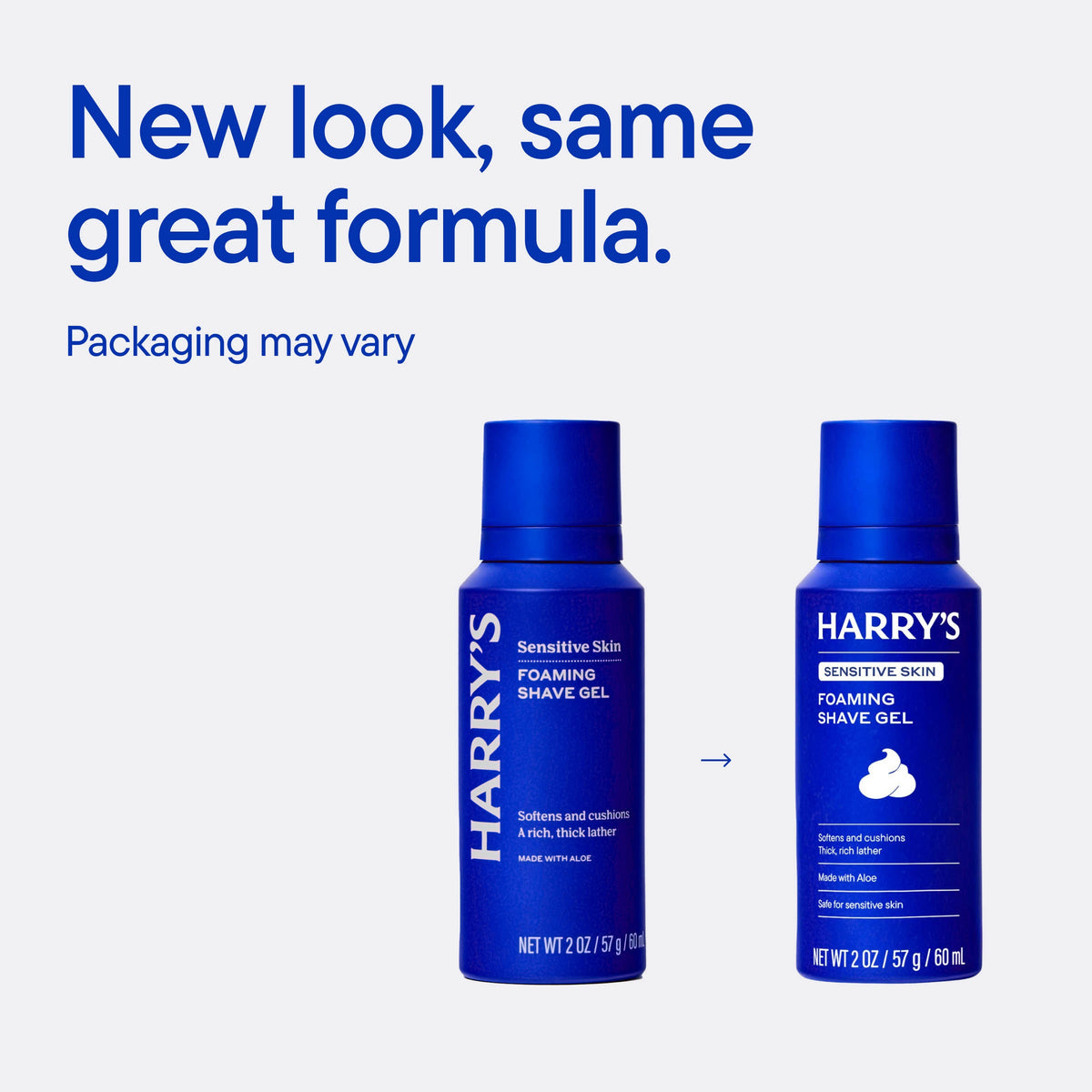 Two bottles of Harry's Foaming Shave Gel on a white background with text about new packaging.