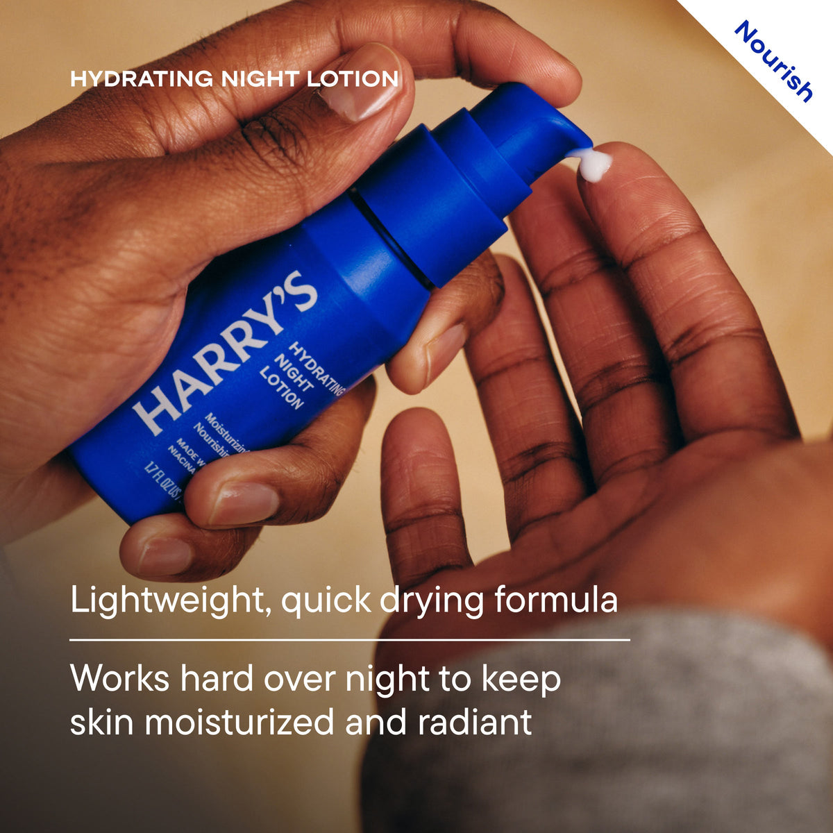Hand holding a blue bottle of Harry's hydrating night lotion with text about its features.