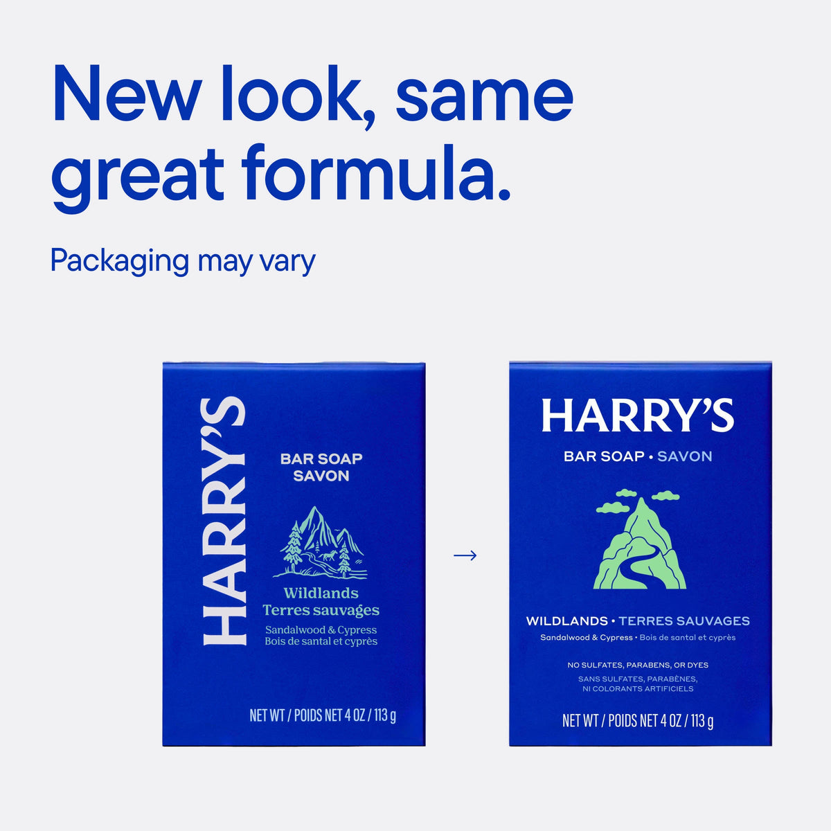 A product information graphic for Harry's Bar Soap showing the new front packaging design. The image contains the text 'New look, same great formula.