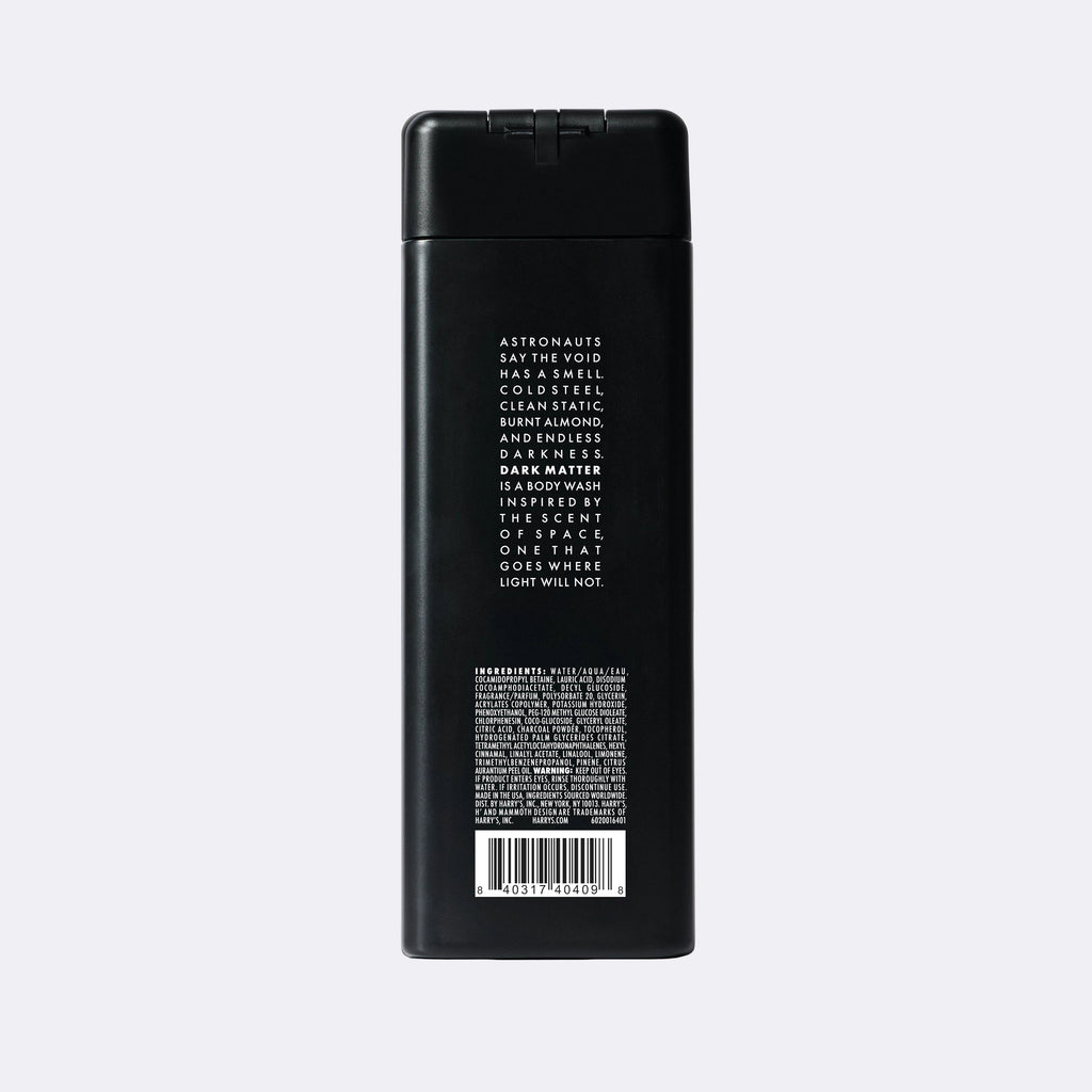 The back of a tall, matte black rectangular bottle with white text and a barcode, photographed against a light gray background.