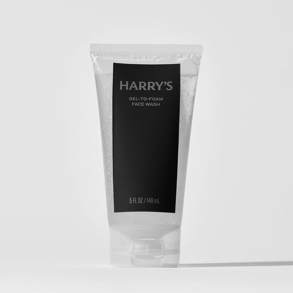 Tube of Harry's gel-to Foam face wash on a white background