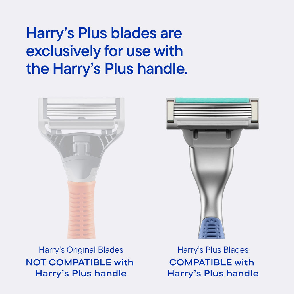 A product comparison graphic showing two razor heads on a light gray background with blue text explaining blade compatibility. The left razor is labeled 'Harry's Original Blades' and says NOT COMPATIBLE with Harry's Plus handle.