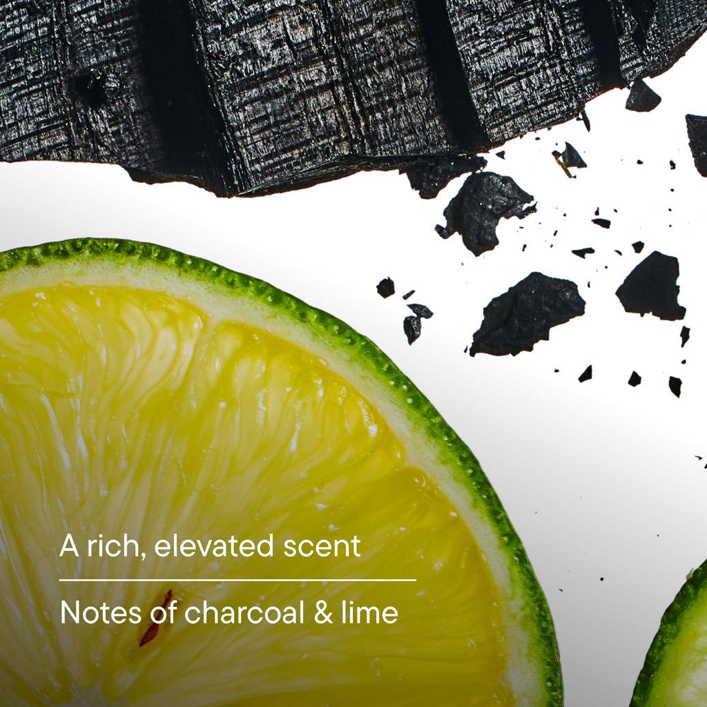 Sliced lime with charcoal pieces on a white background