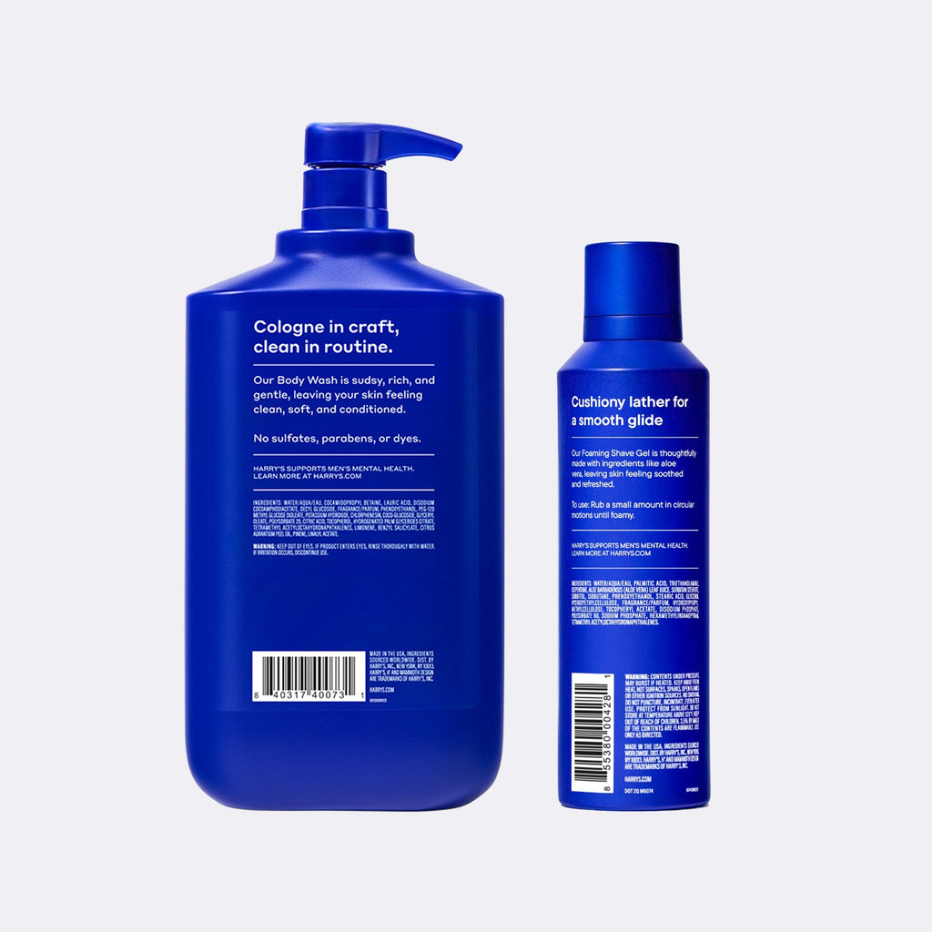 Two blue bottles of body wash with labels on a light gray background
