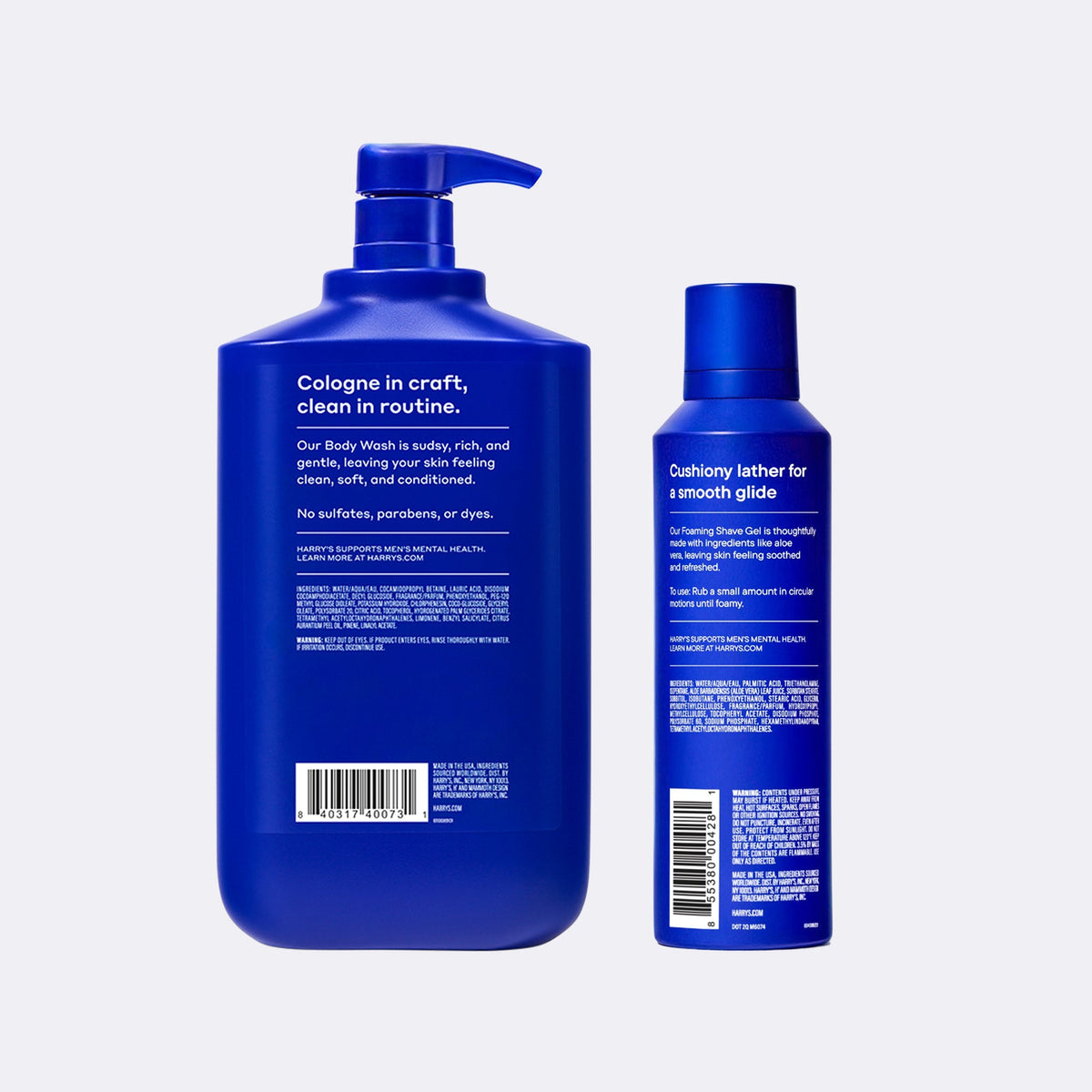 Two blue bottles of body wash with labels on a light gray background
