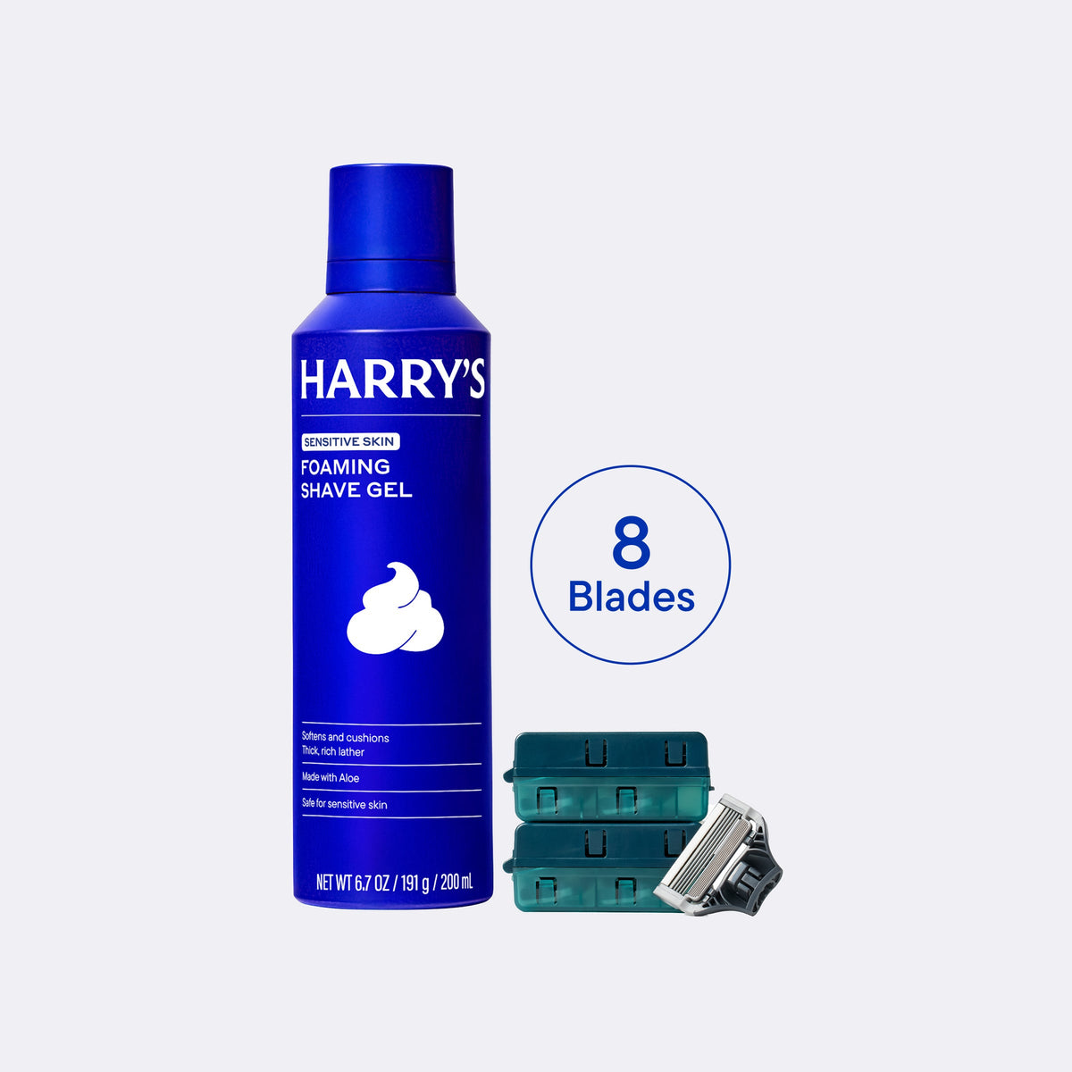Blue bottle of Harry's shaving gel with three razor heads on a light gray background