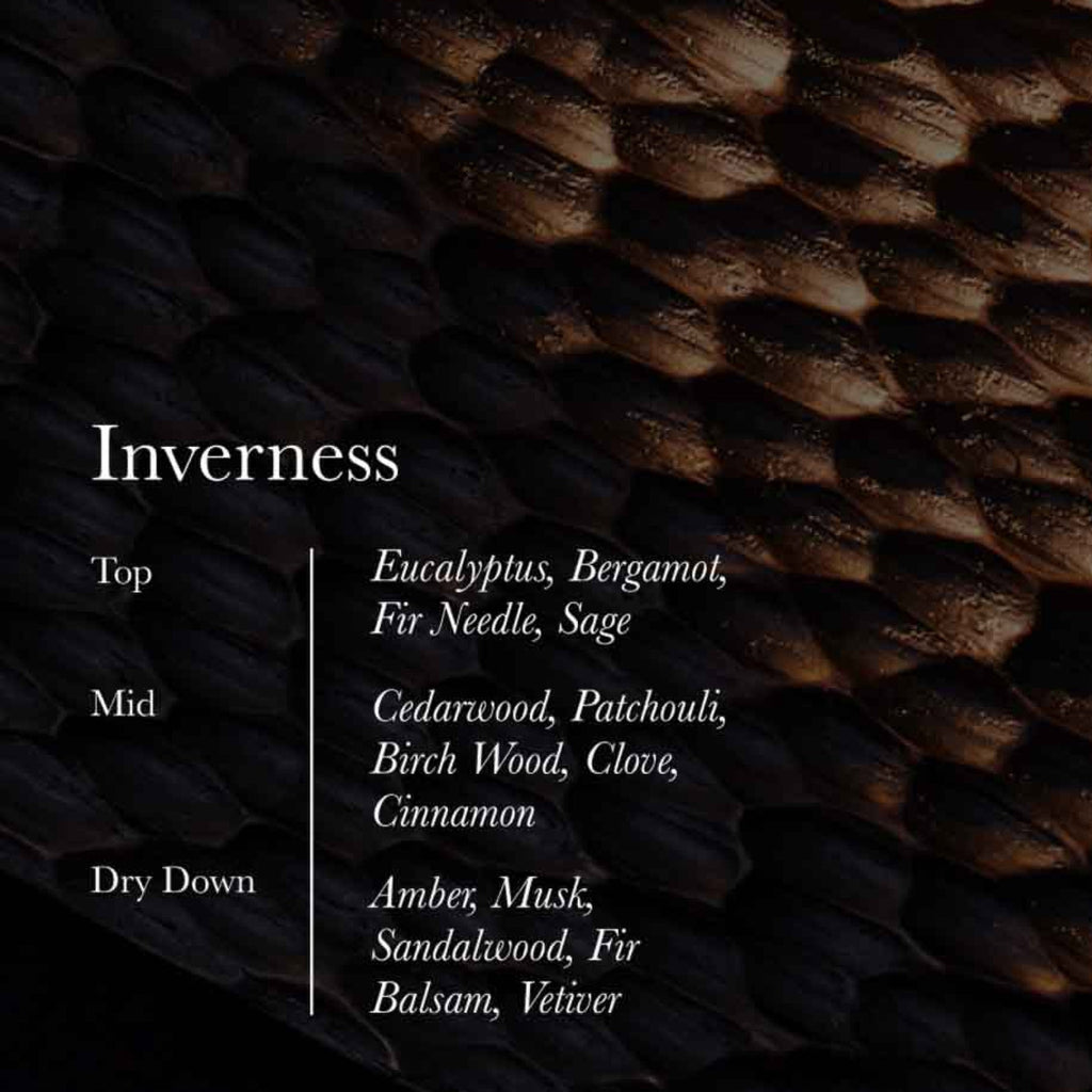 Text detailing the fragrance profile of 'Inverness' against a dark textured background