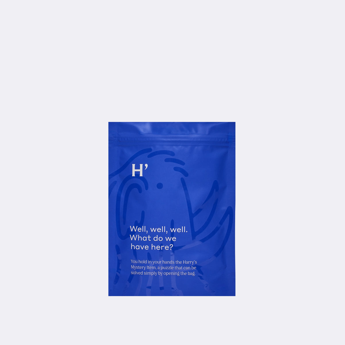 Blue package with text on a light purple background