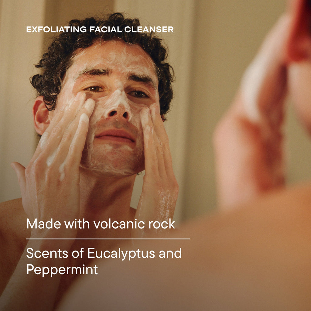 Man applying exfoliating facial cleanser with text about product features.