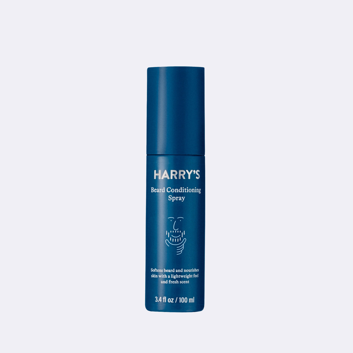 Blue bottle of Harry's beard conditioning spray on a light blue background