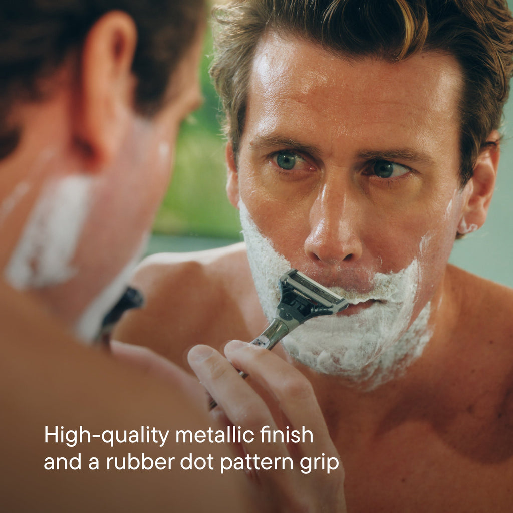 Man shaving with a razor, with text about product features.