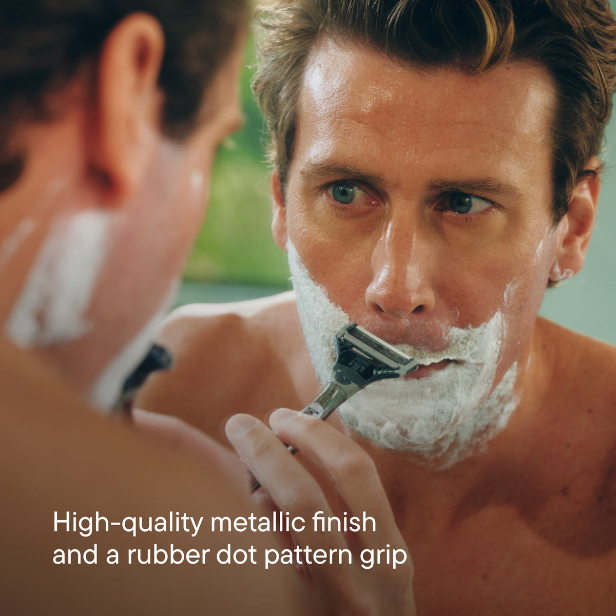 Man shaving with a razor, with text about product features.