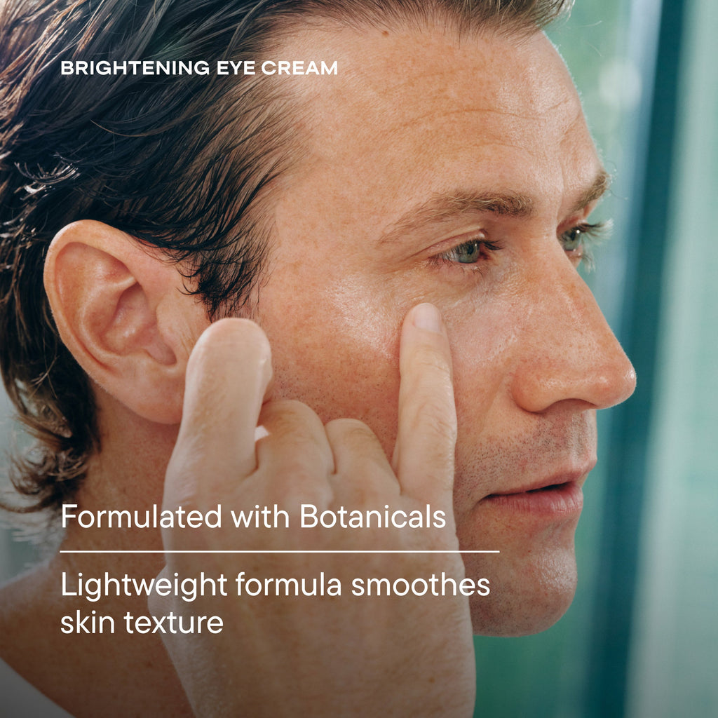 Man applying brightening eye cream to his face with text highlighting product features.
