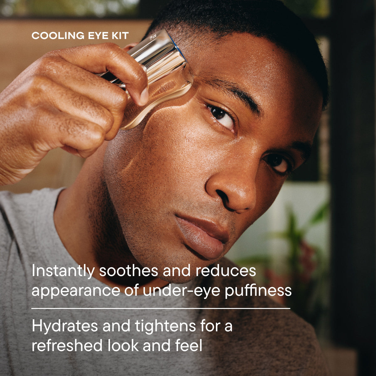 Person applying a cooling eye kit to their eye area with text highlighting product benefits.