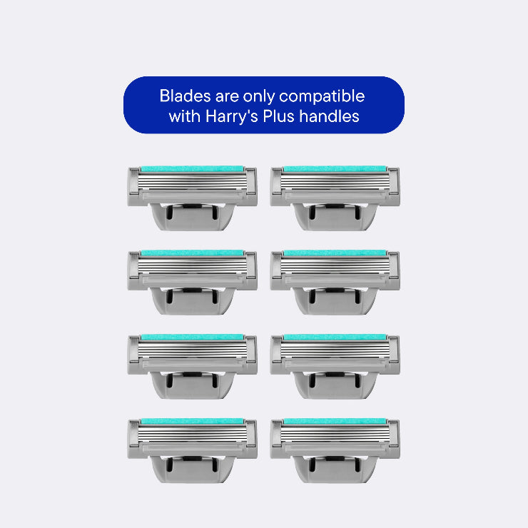 8 Harry's Plus Razor cartridges on a white background.