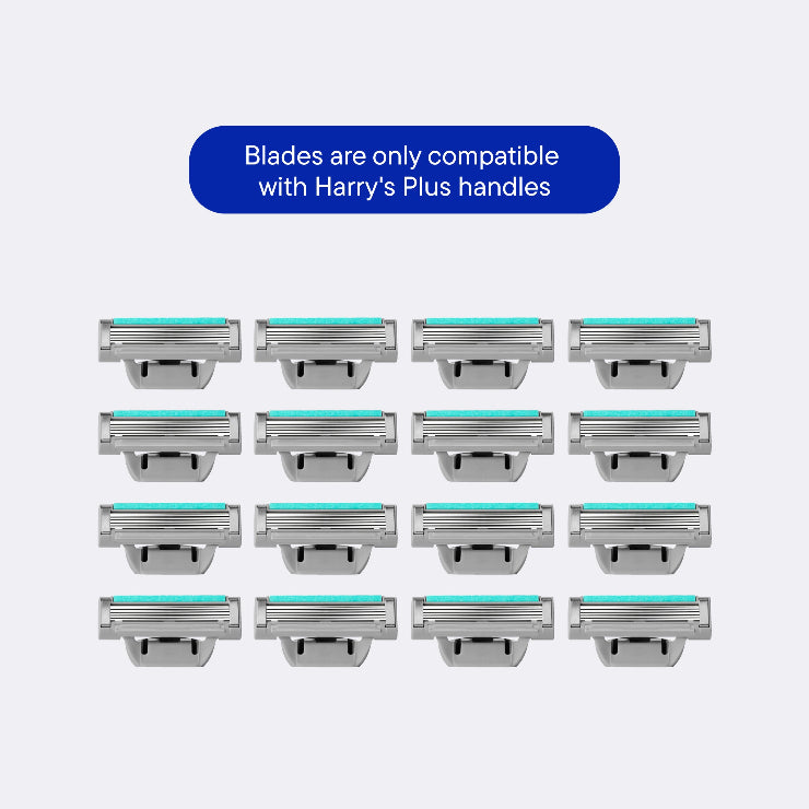 16 Harry's Plus Razor cartridges on a white background. With text "Blades are only compatible with Harry's Plus handles"