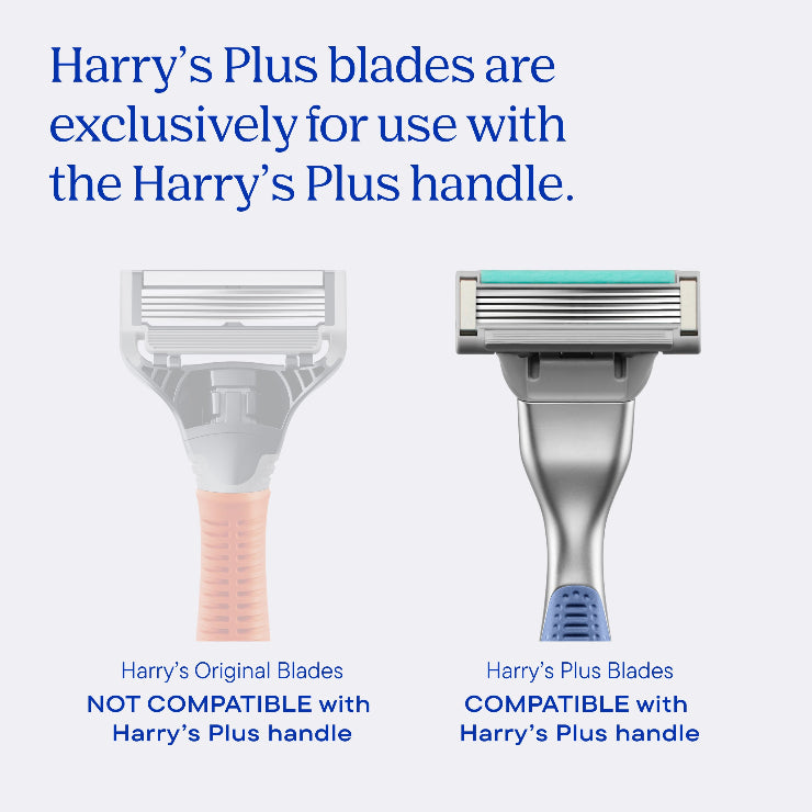 Two razors, one labeled 'Harry's Original Blades' and the other 'Harry's Plus Blades', with text "Harry's Plus Blades are exclusively for use with Harry's Plus Handle."