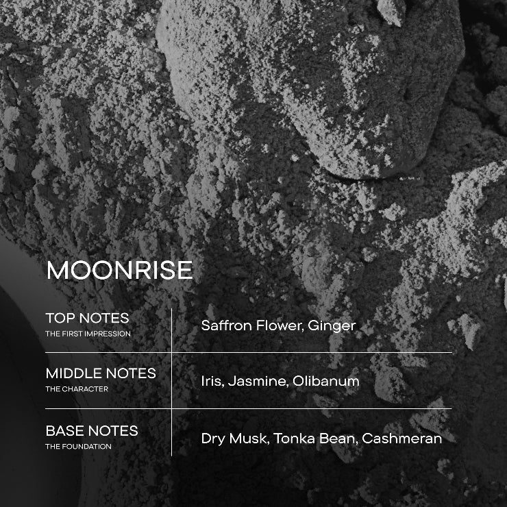 Product label for 'Moonrise' with notes on top, middle, and base notes against a textured rock background.