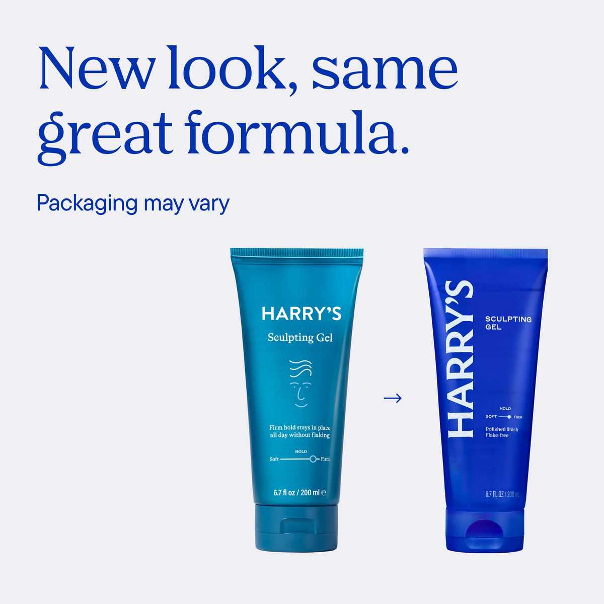 Two blue tubes of 'Harry's' sculpting gel on a white background with text about new packaging.