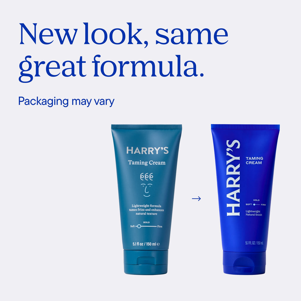 Two blue tubes of Harry's taming cream on a white background with text about new packaging.