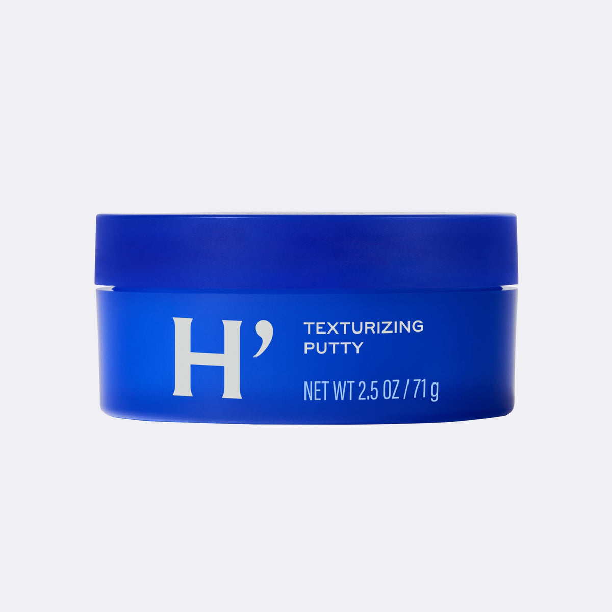 Blue container of H' texturizing putty on a light gray background