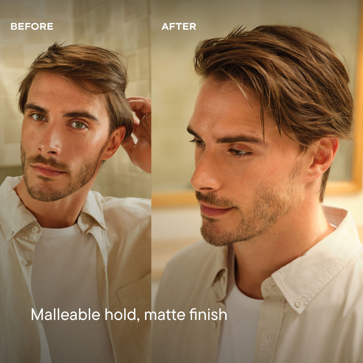 Before and after comparison of a man with styled hair, showing a malleable hold and matte finish.