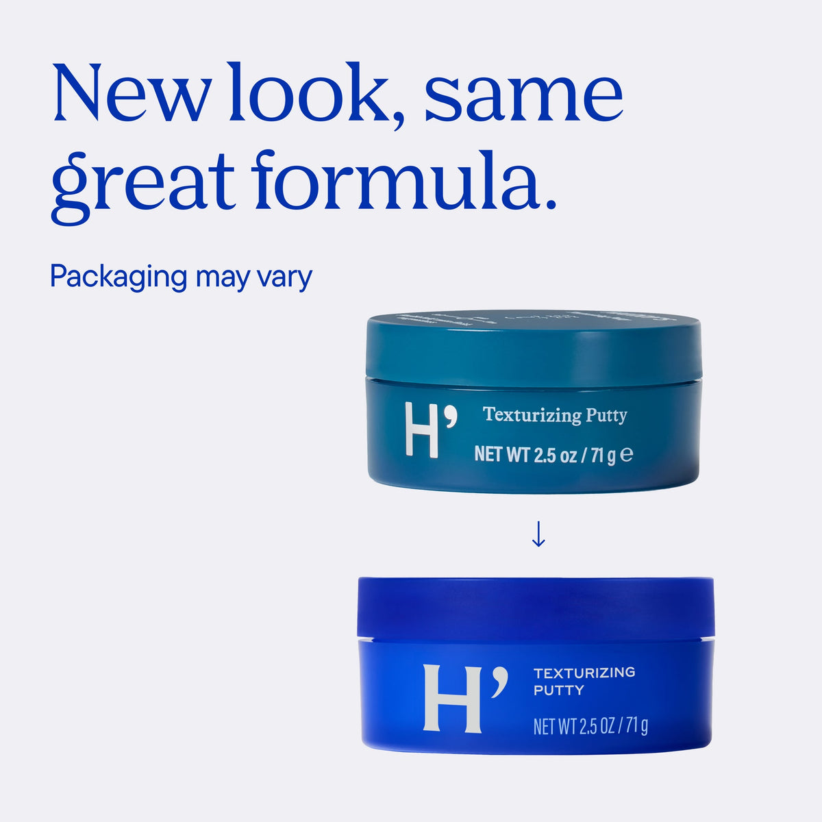 Two containers of H' Texturizing Putty with blue lids and white text on a light blue background.