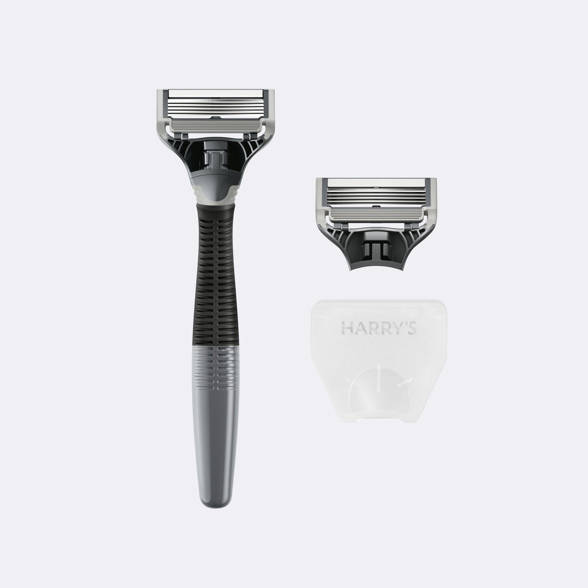 Shaving razor with stand and razor head on a white background, branded 'Harry's'.