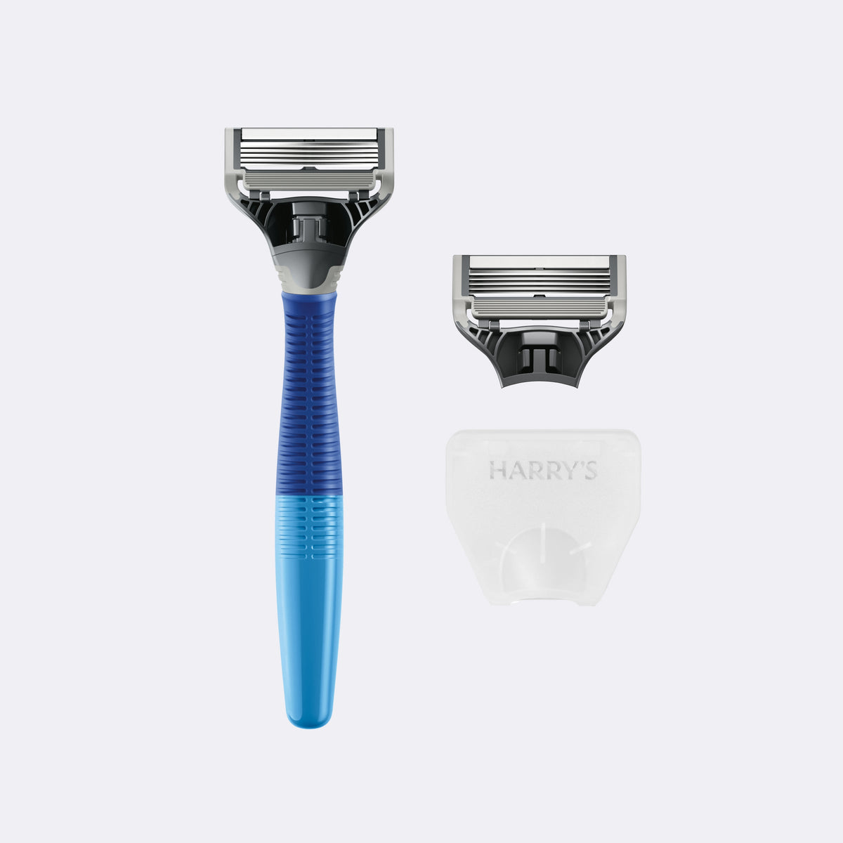 Blue razor with a stand on a white background