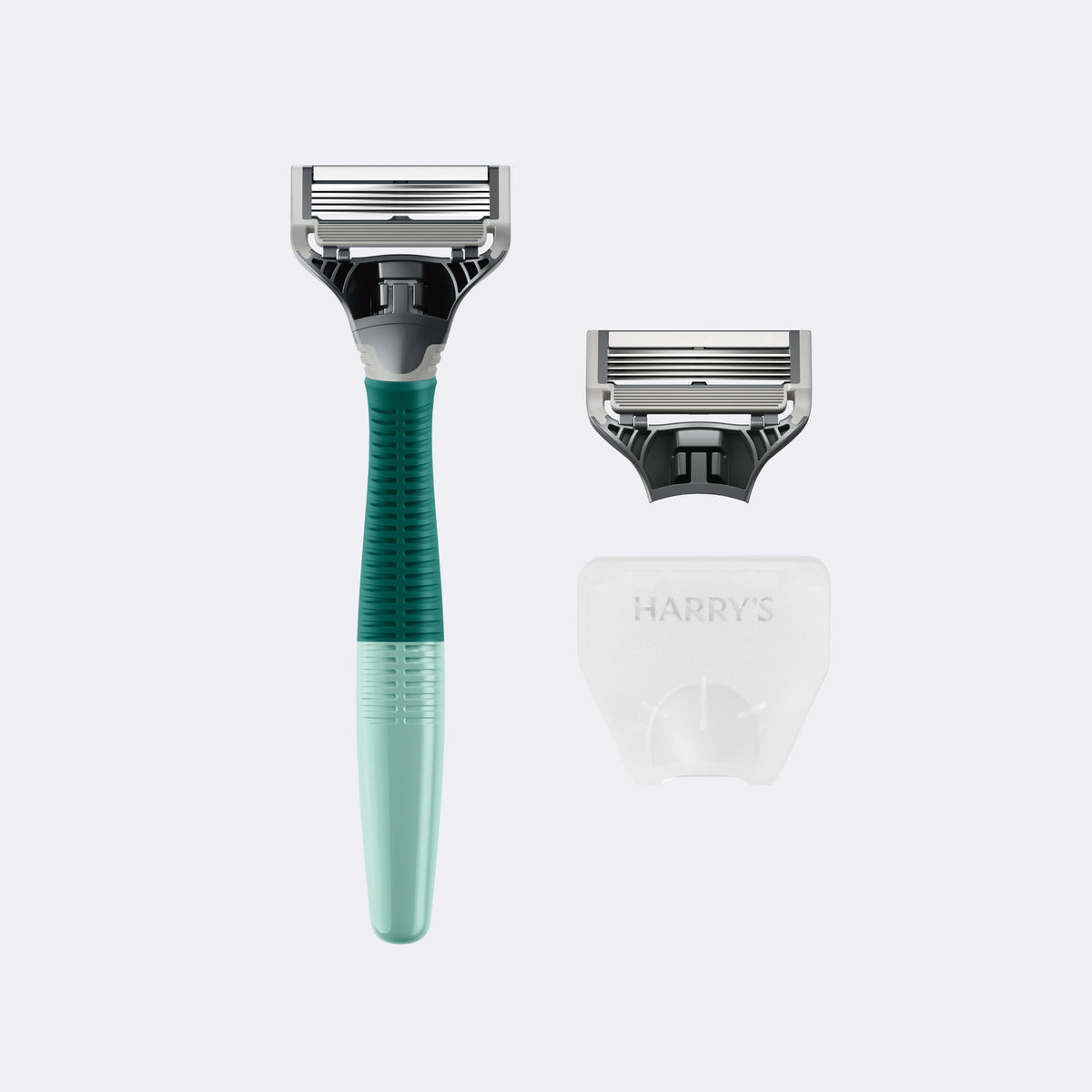 Shaving razor with green handle and stand on a white background
