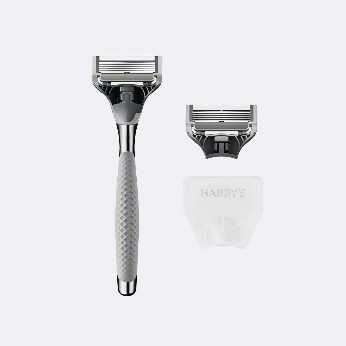 Shaving razor with handle and blade on a white background, featuring the brand 'Harry's'.