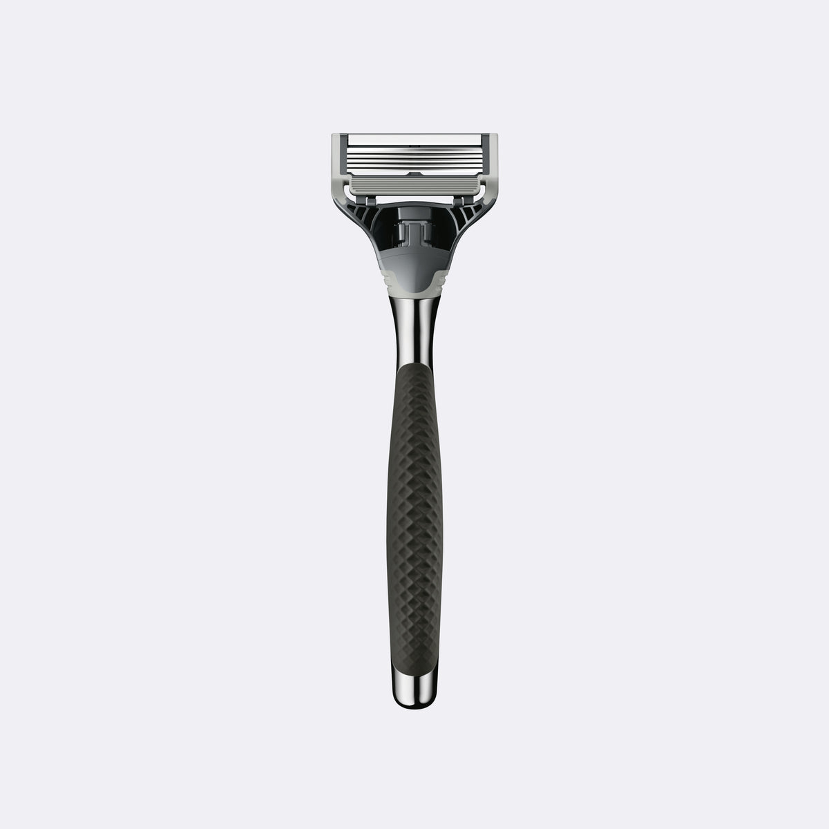 Shaving razor with black handle and silver head on a white background