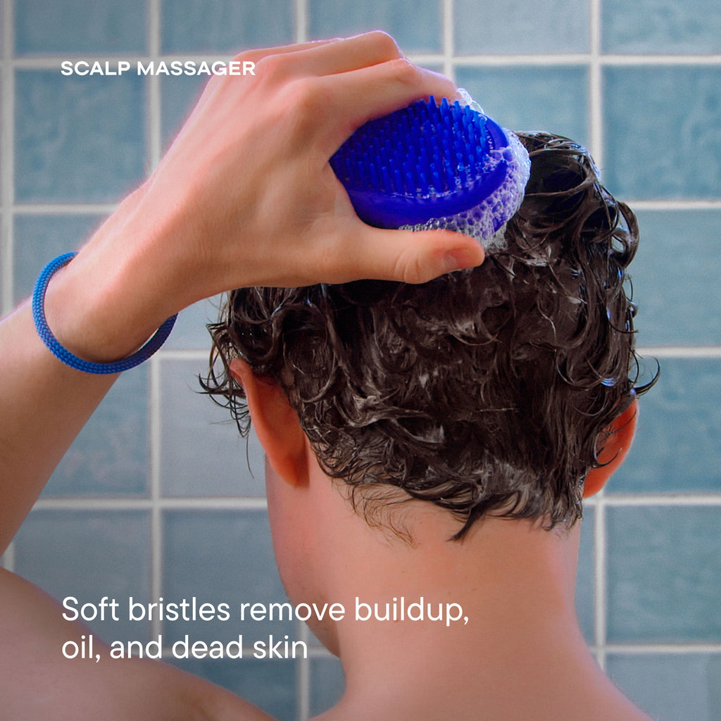 Person using a blue scalp massager on their head with text about its benefits.