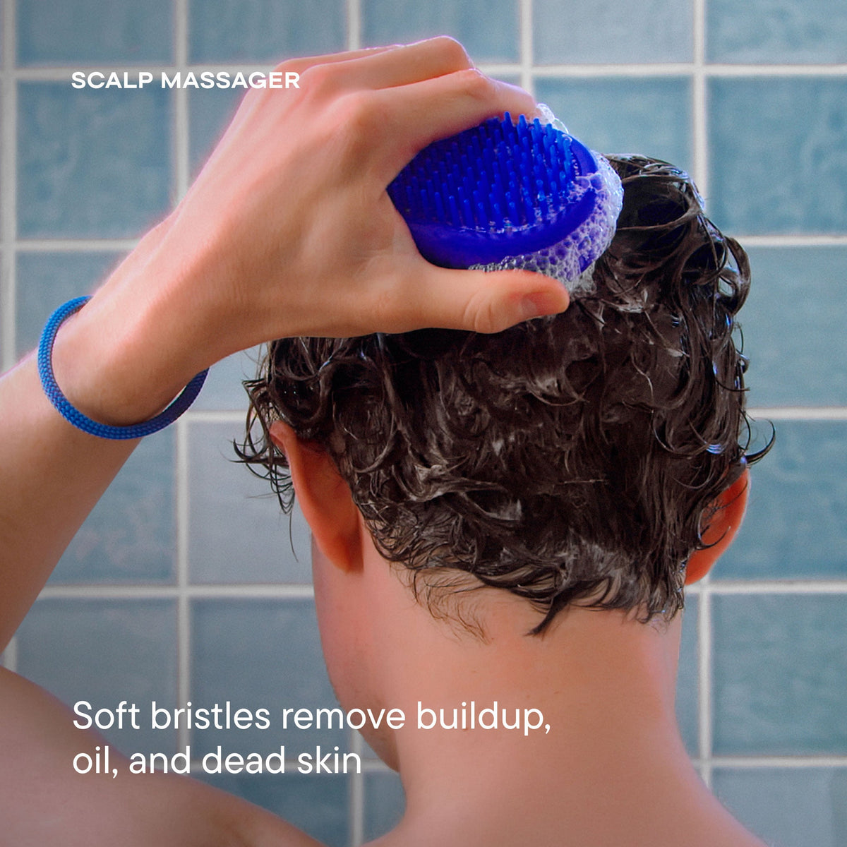 Person using a blue scalp massager on their head with text about its benefits.