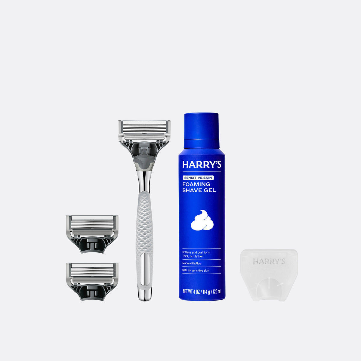 Two blades, Chrome Winston razor, shave gel and the Travel Blade cover.