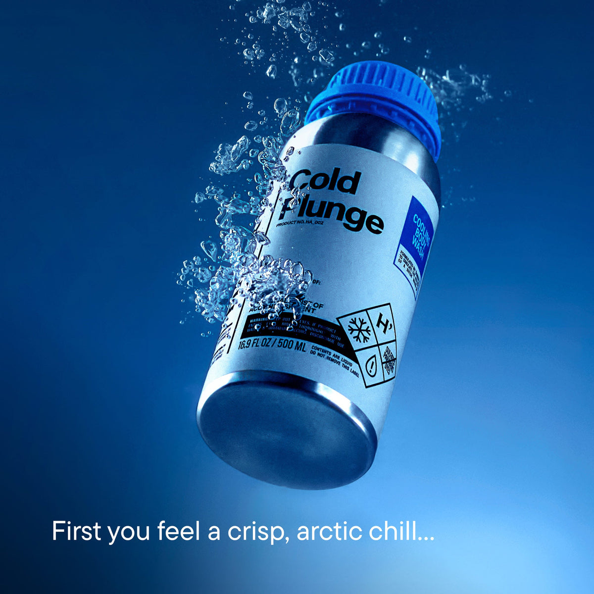 Cold Plunge product with water splash on a blue background