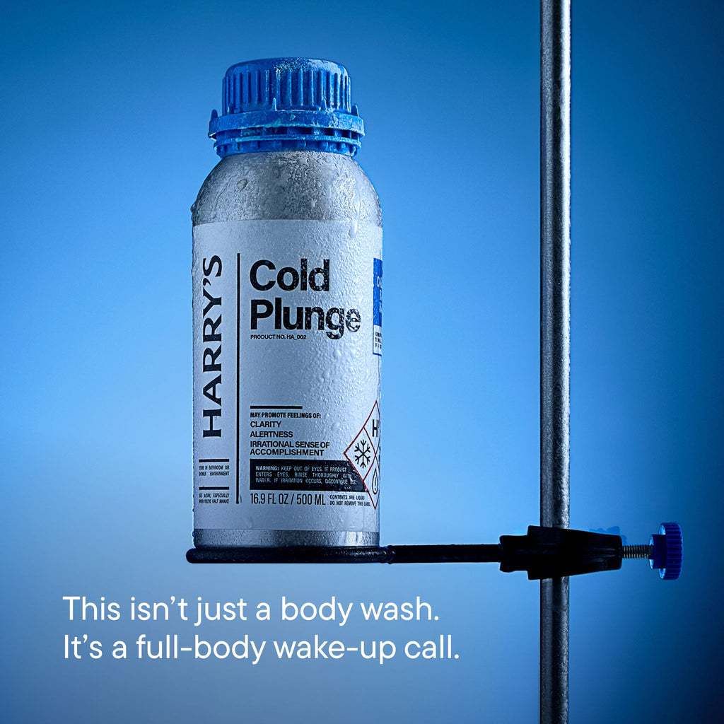 Bottle of Harry's Cold Plunge product on a blue background with text.