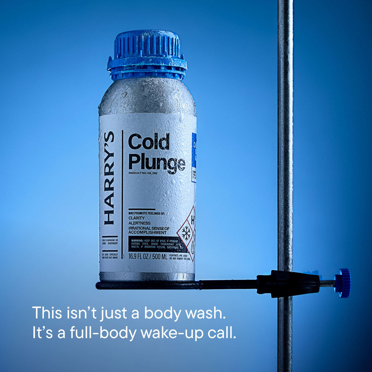 Bottle of Harry's Cold Plunge product on a blue background with text.